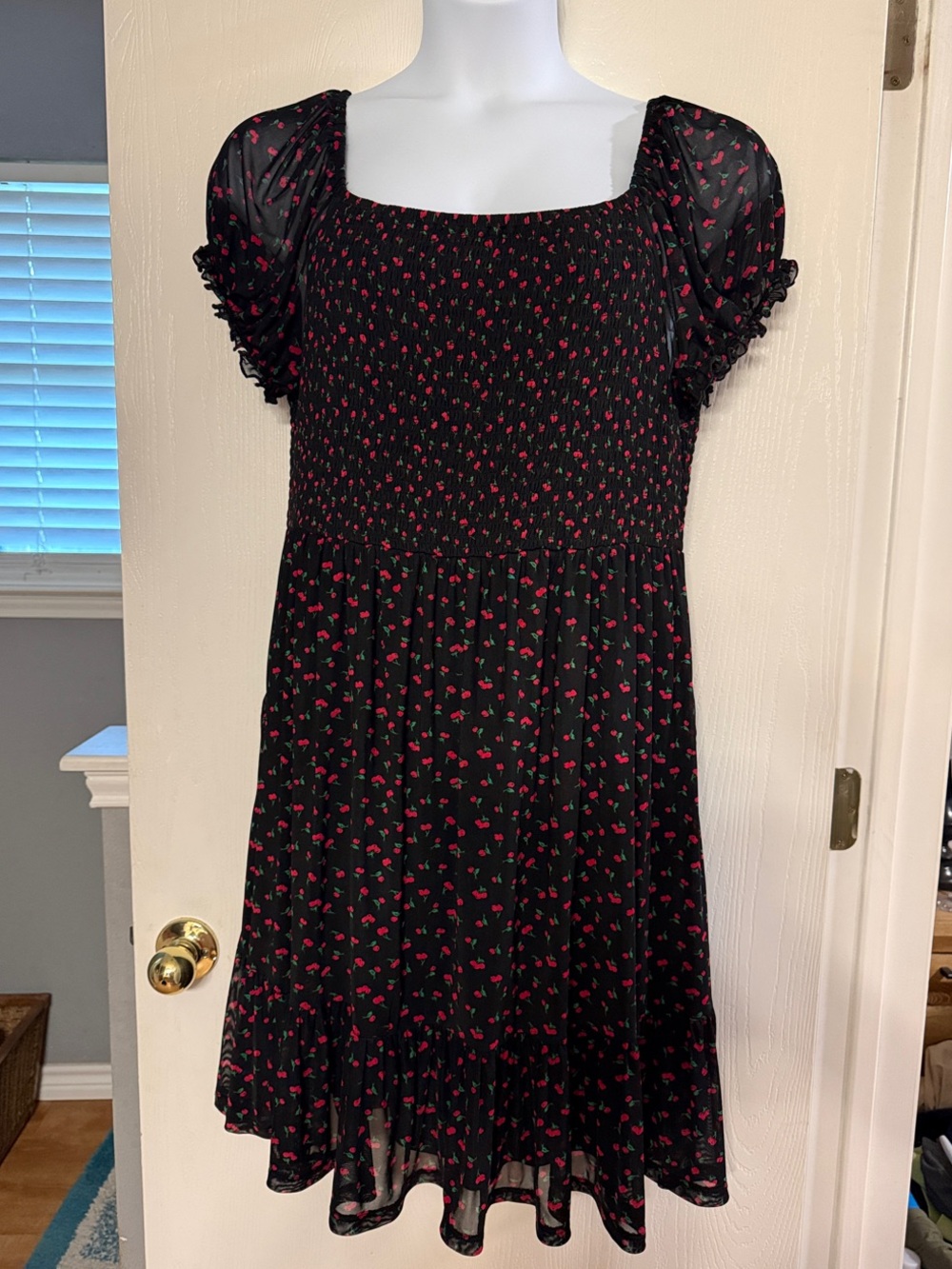 Black, Cherry Print, Puff-Sleeve Smocked Dress